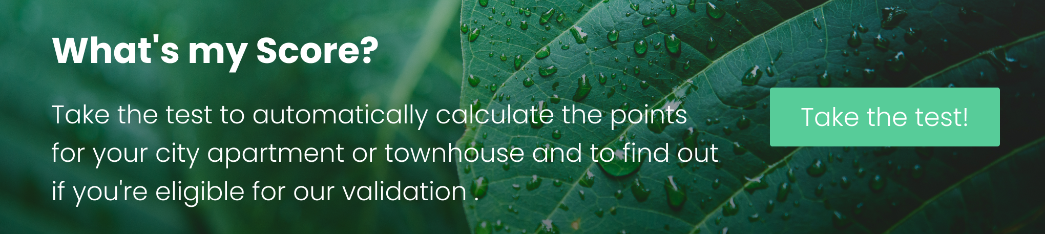 What's my Score? Take the test to automatically calculate the points for your city apartment or townhouse and to find out if you're eligible for our validation .