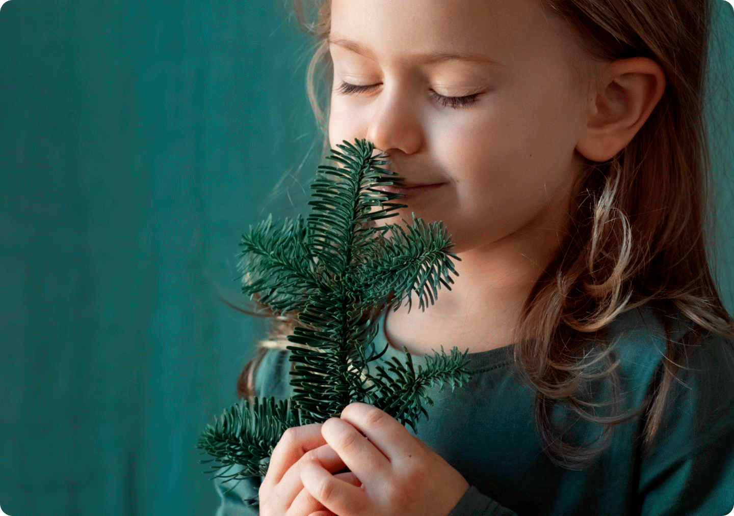 Blonde kid smelling a pine branch to represent the future of the planet in conjunction with nature. Sustainable Vacation Rental Awards 